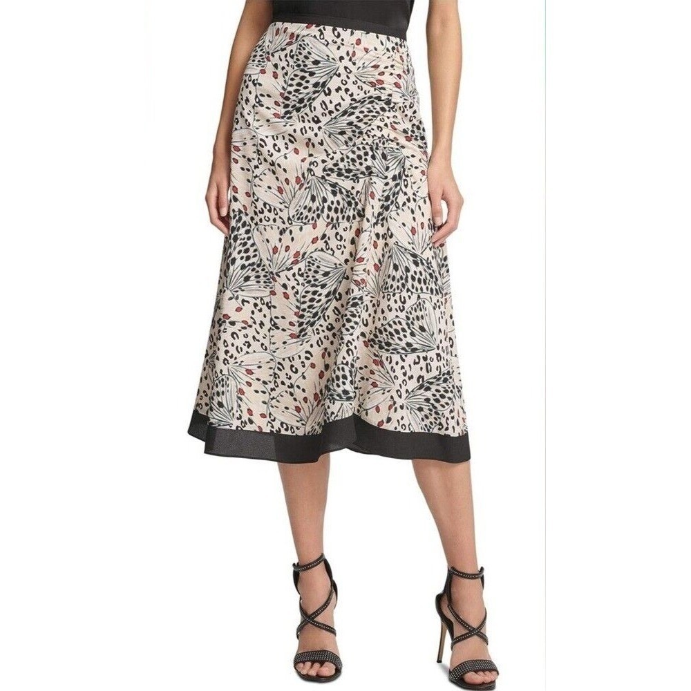 DKNY Butterfly Leopard Animalier Midi Skirt Women 4 Flowy Cream Whimsy NEW